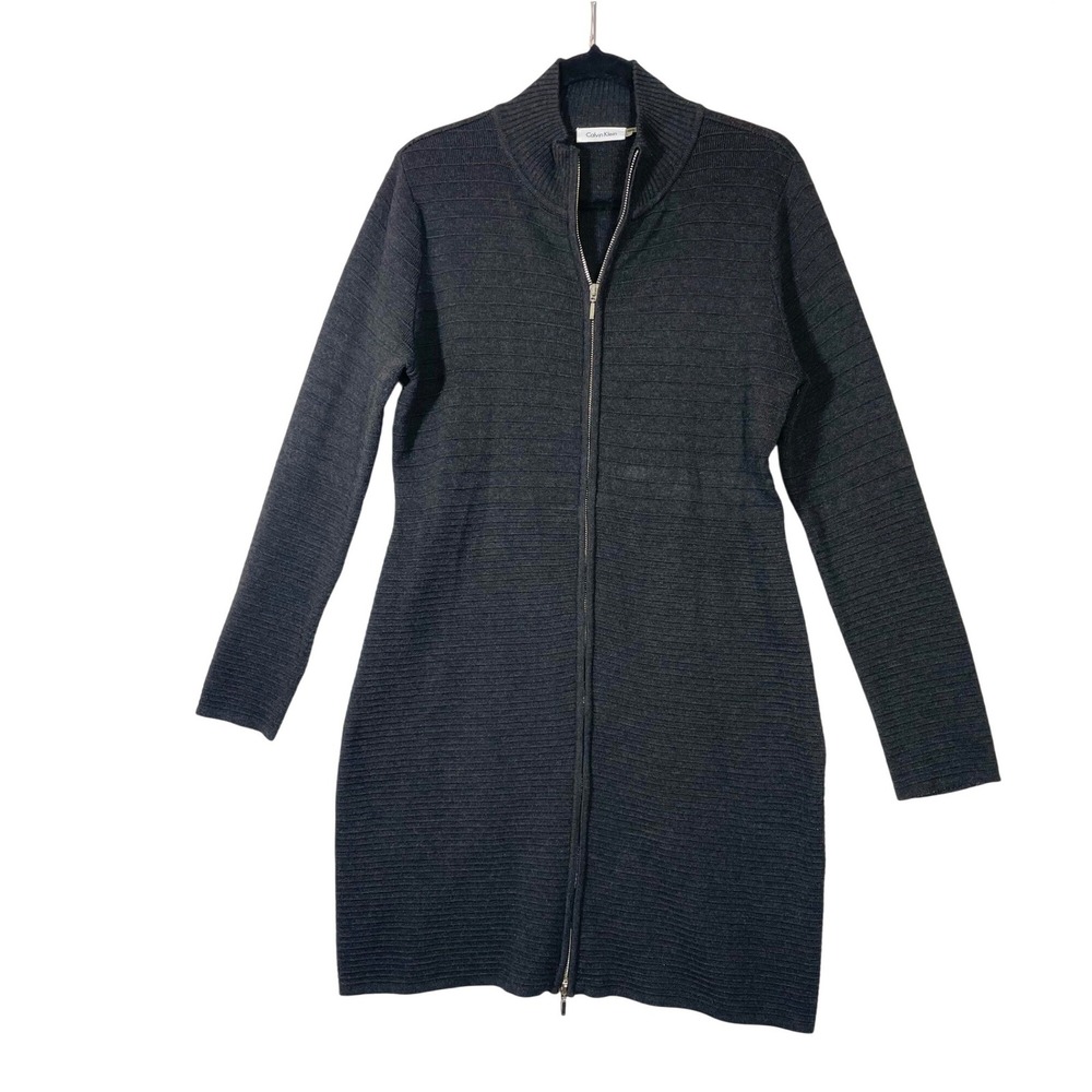 Calvin Klein‎ Women Size L Charcoal Ribbed Knit Zip Front Long Sleeve Dress